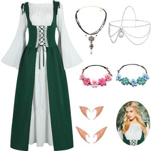 Renaissance Costume Women Medieval Fairy Elf Irish Dress Adult Halloween Costumes Viking Chemise with Accessories (Medium, Green)