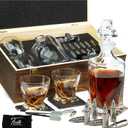 Whiskey Decanter and Stones Gift Set for Men - Whiskey Decanter, 2 Twisted Whiskey Glasses, 10 Stainless Steel Stones, 2 Slate Coasters, Tongs & Freezer Pouch in Wooden Gift Box