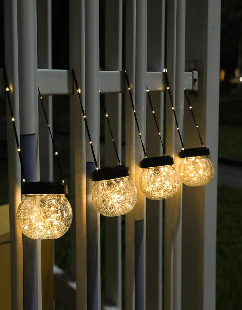 PARTPHONER Solar Lanterns Solar Lights Outdoor Waterproof 18-Pack, Solar Powered Hanging Lights Cracked Glass Hanging Globes for Christmas Decoration, Shepherd Hook, Garden Tree Ornaments (Black Cap Warm White Light)