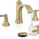 Brass Bathroom Waterfall Faucet, 4-16 Inch Brushed Gold Bathroom Faucet Widespread Bathroom Sink Faucet, 2 Handles Bathroom Faucets for Sink 3 Hole with Pop Up Drain, Water Hoses