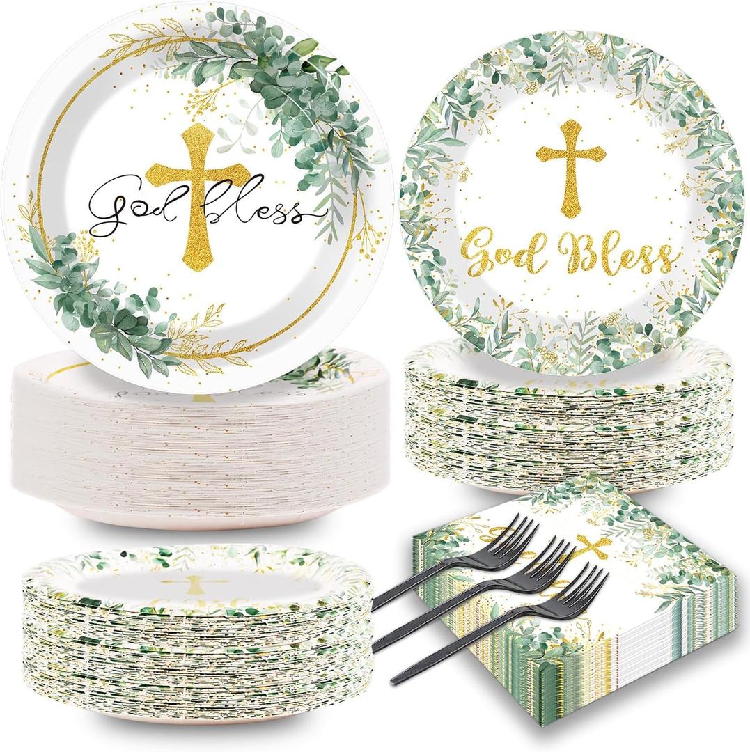 Naozinebi 200Pcs God Bless Baptism Plates Napkins First Holy Communion Party Tableware Set Christening Ceremony Dinnerware Confirmation Paper Plates for Mi Bautizo Baby Shower Decor Supplies Serve 50