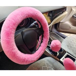 Winter Warm Fluffy Furry Fuzzy Car Steering Wheel Cover,Universal Fit Thickening Faux Rabbit Fur Plush Steering Covers+Gear Shift Cover and+Brake cover-3pcs Set (Pink)