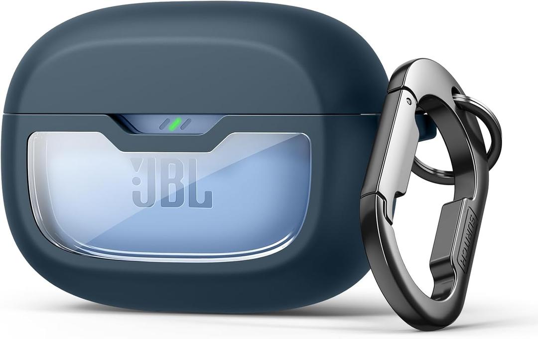 SURITCH Case Cover for JBL Vibe Beam/JBL Vibe Beam 2/ JBL Vibe 200TWS Earbuds, Shockproof Magnetic Protective Headphone Cover, Rugged Bumper Case with Carabiner & Cleaning Kit & Removal Tool, Navy