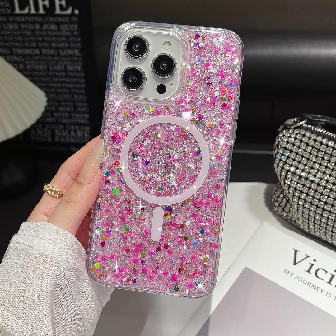 UEEBAI Glitter Case Magnetic for iPhone 15 Pro Case, Luxury Shiny Bling Sparkly Phone Cover Compatible with MagSafe, Wireless Charge Crystal Diamonds Shiny Cover for Women - Hot Pink