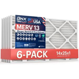 BNX TruFilter 14x25x1 Air Filter MERV 13 (6-Pack) - MADE IN USA - Electrostatic Pleated Air Conditioner HVAC AC Furnace Filters for Allergies, Pollen, Mold, Bacteria, Smoke, Allergen, MPR 1900 FPR 10