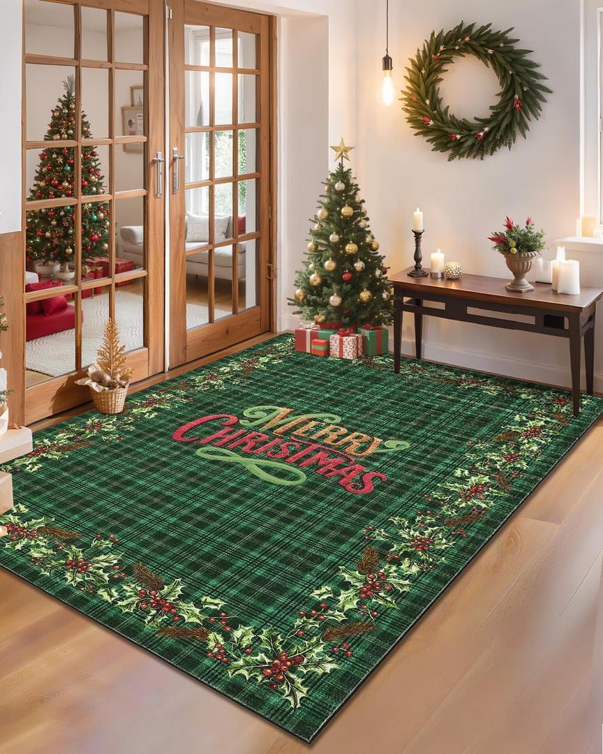GarveeHome Christmas Green Checkered Rug for Bedroom, 3x5 Area Rugs for Living Room with Soft Low Pile, Christmas Holly Print Washable Rug for Kitchen, Stain Resistant Office Playroom Holiday Carpet