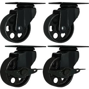 FactorDuty 4 All Black Metal Swivel Plate Caster Wheels w/Brake Lock Heavy Duty High-gauge Steel (3" Combo)