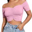 LYANER Women's Off Shoulder Ruched Short Sleeve Rib Knit Sexy Crop Top Blouse (Pink, XS)