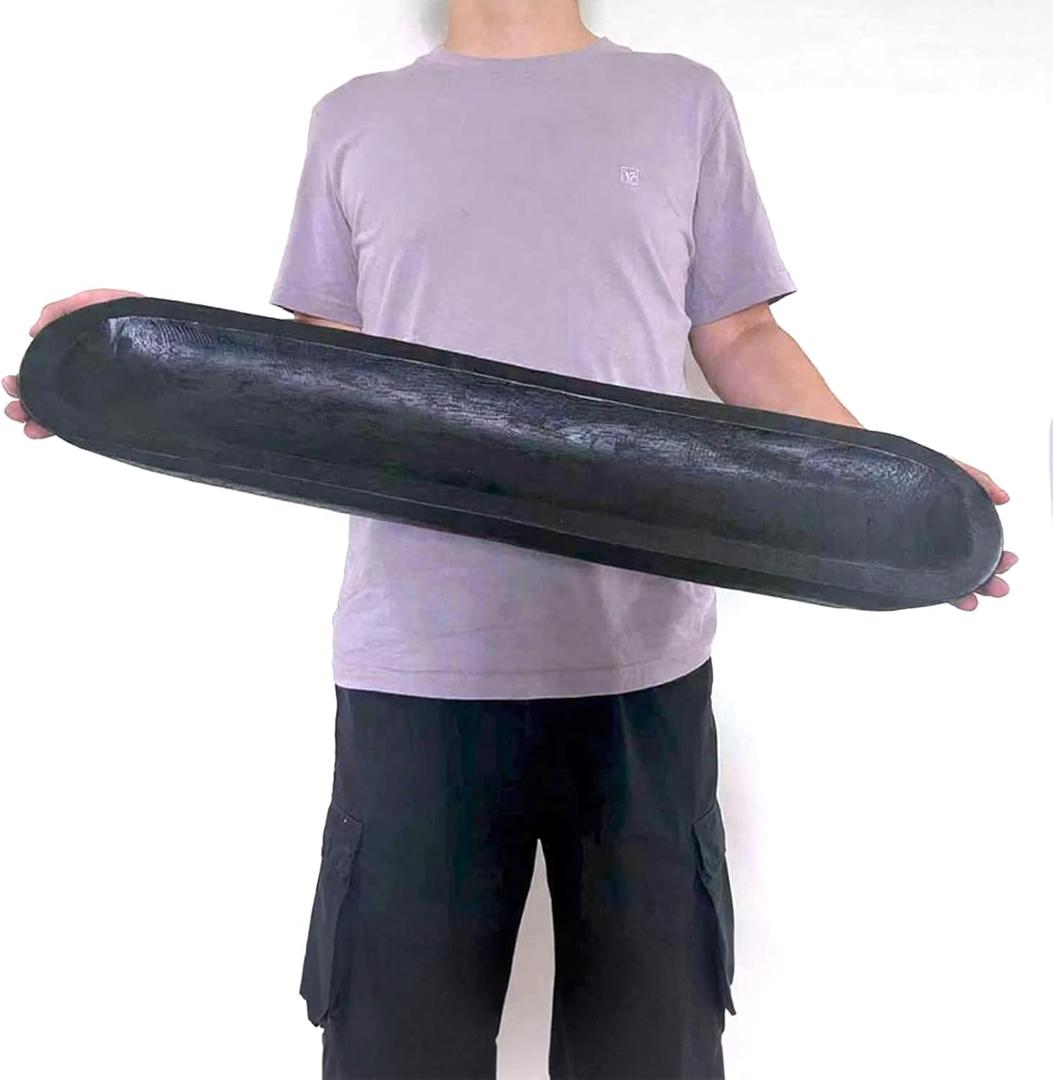 Wooden Dough Bowls DecorativeRustic Bread Long Bowls Decor Wood Tray, Hand Carved for Table Centerpiece Decor, Home Decor (30 * 6 * 2 inch Black)