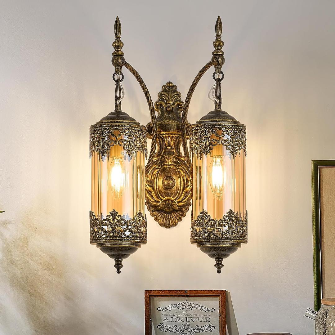 VitaLink Rustic Glass Wall Sconce Vintage 2-Lights Antique Gothic Wall Light Fixture Retro Farmhouse Mid Centry Lantern Wall Sconce for Bedroom, Living Room, Mirror, Black, E12