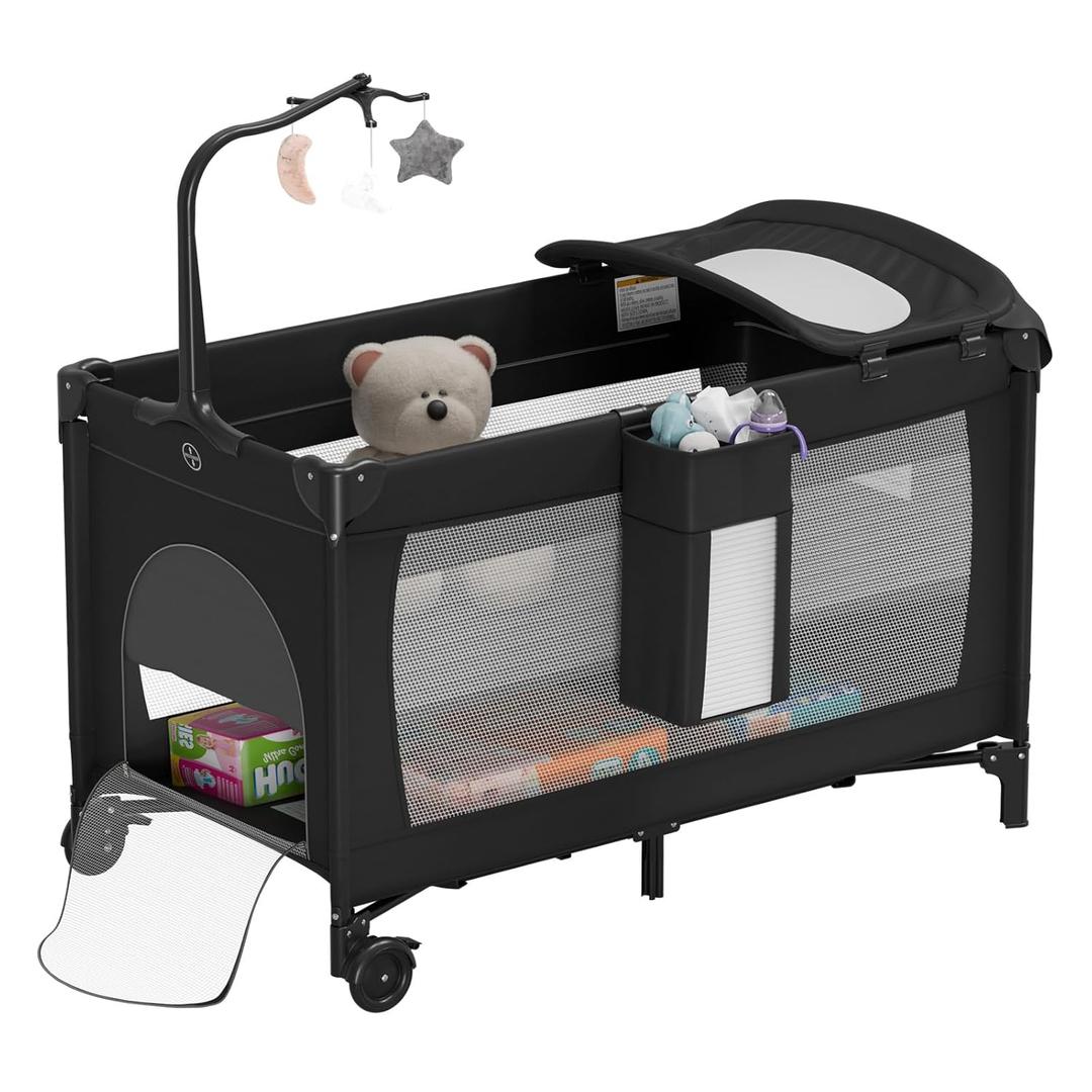 Large Pack and Play, Baby Bed Portable Crib with Diaper Changing Table Mattress Hanging Toys & Decor, Travel Bassinet Bedside Sleeper Playard from Newborn to Toddlers (Black)
