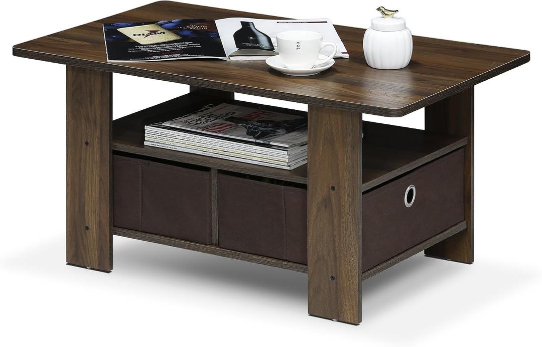 Furinno Andrey Coffee Table with Bin Drawer, Columbia Walnut/Dark Brown 18.9"D x 31.5"W x 15.6"H