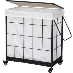 Durable Laundry Hamper with Removable Liner Bag, Heavy Duty Wheels, Wood Lid and Metal Handle - Clothes Sorter and Laundry Basket in White (110L23.43x13.58x26.37 Inches)