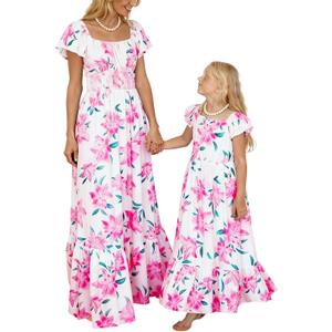 Mommy and Me Matching Dresses Summer Floral Boho Ruffled A-Line Beach Maxi Dress with Pockets (US, Alpha, Small, Regular, Pink)