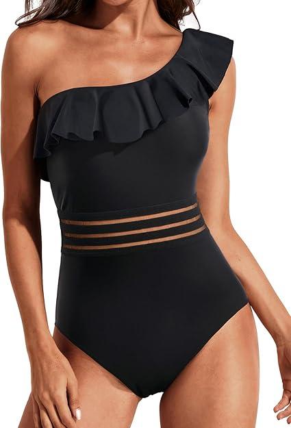 Tempt Me Women One Piece Swimsuits Tummy Control One Shoulder Bathing Suits Ruffle Swimwear L