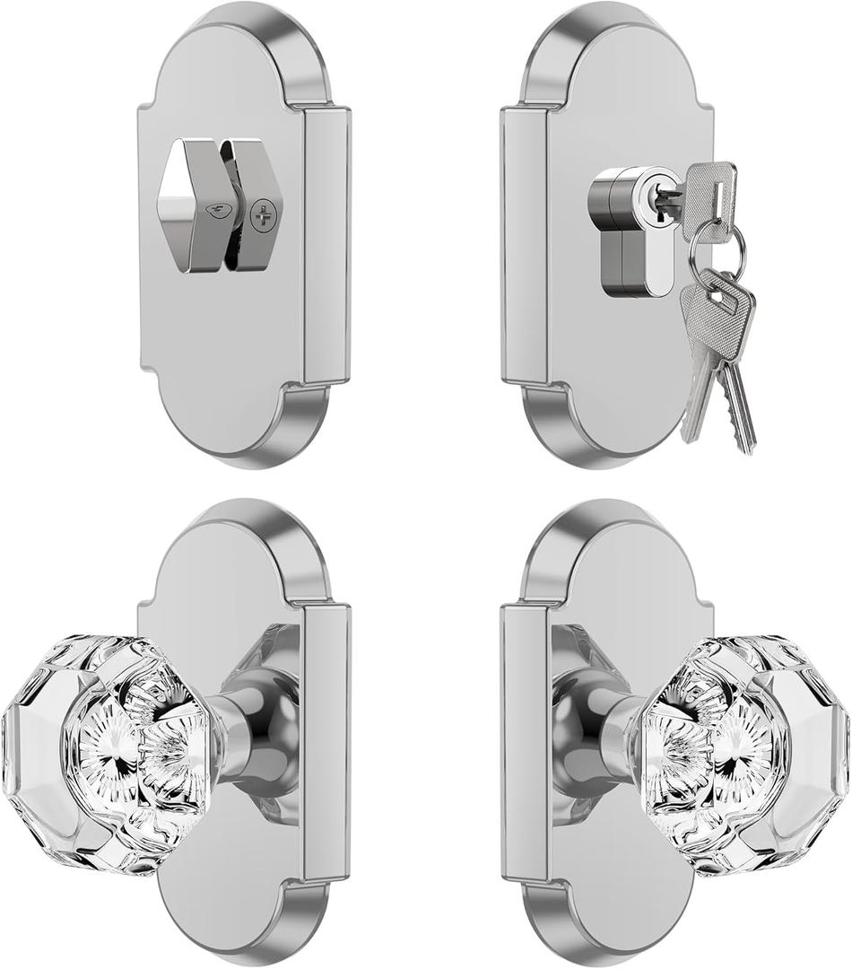 Polished Chrome Door Knob with Deadbolt, Crystal Glass Door Knobs with Single Cylinder Deadbolt Lockset with Passage Door Knob (Keyed Alike)