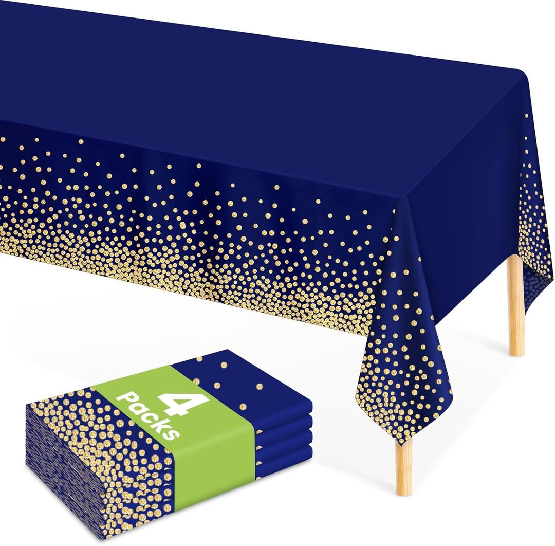 4 Pcs Navy Blue Plastic Tablecloth Gold Dot Blue Table Cloths, 54108 inches Disposable Gold Dot Confetti Dark Blue Table Cover for Anniversary Friendsgiving Fine Dining Graduation Party Decoration