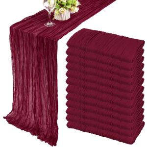 12 Pack 10Ft Cheesecloth Table Runner 35x120 Inch - Boho Gauze Rustic Romantic Decor for Wedding, Bridal Shower, Birthday Party (Burgundy)