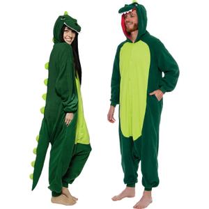 Funziez! Dinosaur Adult Onesie - T-Rex Halloween Costume - Plush Dino One Piece Cosplay Suit for Adults, Women and Men (Small, Green)
