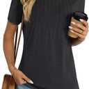 Womens Short Sleeve T Shirts Pleated Dressy Casual Crewneck Loose Fit Tee Trendy Summer Tops Blouses 2025 (Black)