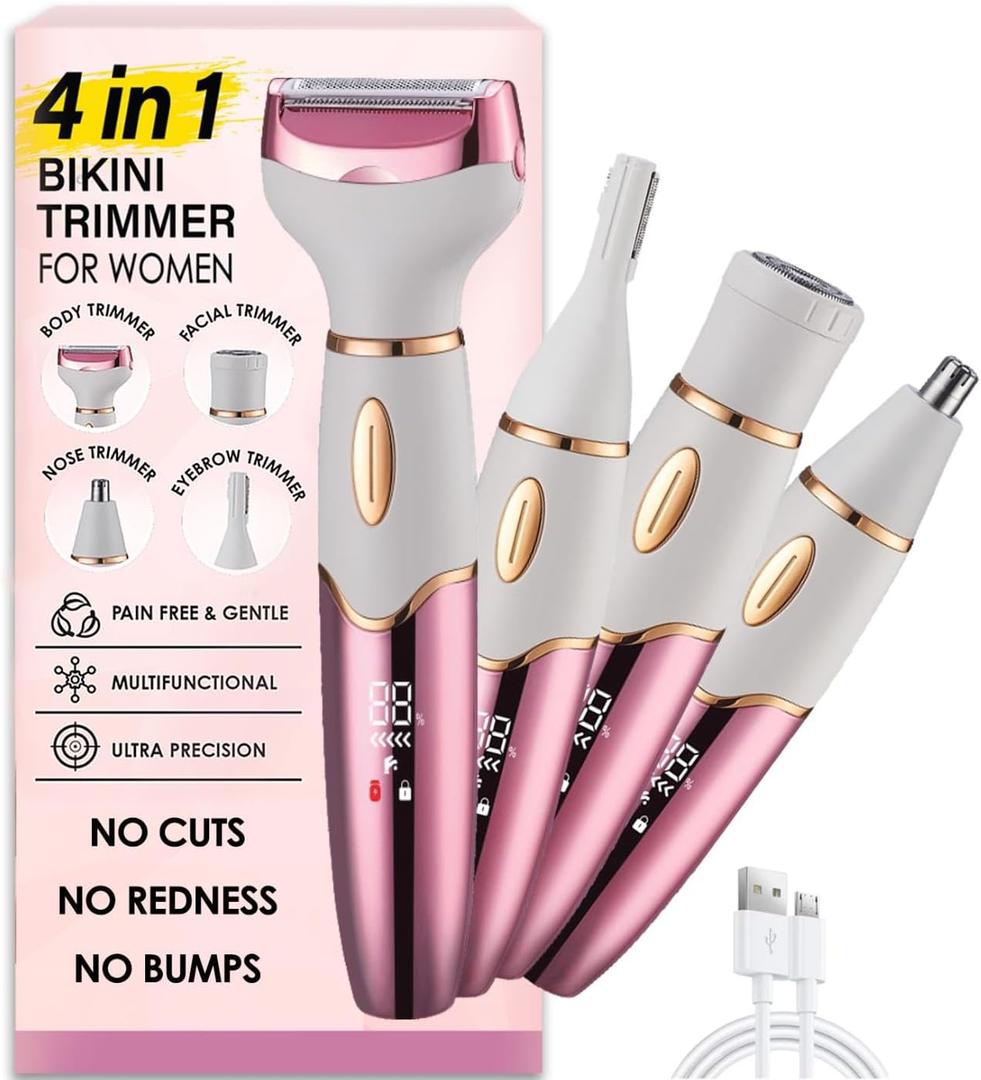 2 x 4 in 1 Bikini Body Trimmer for Women | Rechargeable & Waterproof | Grooming Kit with Body, Facial, Eyebrow and Nose Attachments | Precision Trimmer for Smooth, Painfree Hair Removal (Rosegoldwhite)