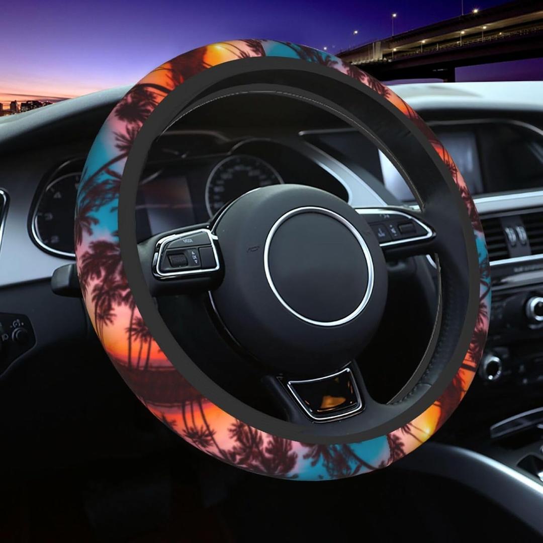 Palm Trees Sunset Beach Tropical Hawaii Steering Wheel Cover Car Accessories Cute for Women Girls Girly Universal 15 Inch Neoprene Auto Interior Decor Anti Slip Car Truck Protector (Black16)