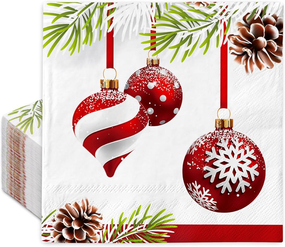100Pcs Christmas Paper Napkins Xmas Hanging Ball Pine Cone Disposable Luncheon Napkins Holiday Dinner Hand Napkin for Winter Home Kitchen Bathroom, 6.5 x 6.5 Inch