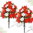 2 Pack 3ft Christmas Artificial Poinsettia Flowers Urn Filler Outdoor Prelit Topiary Trees Large Lighted Poinsettias Faux Poinsettia Trees with LED Lights Stake for Porch Yard (Red,White)