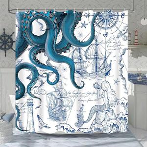 Fungarth Blue Nautical Octopus Shower Curtain Navy Mermaid Funny Ocean Kraken Shower Curtains for Bathroom Cool Anchor Coastal Map Waterproof Fabric Bath Curtain Decor with Hooks (Blue, 72” x 72”)