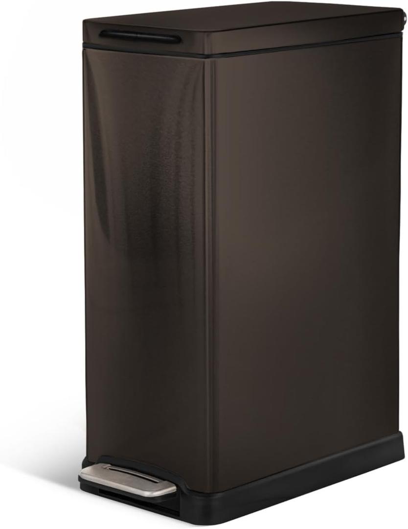 Home Zone Living 12 Gallon Slim Kitchen Trash Can with Soft Close Lid, Step Pedal, Bag Tuck Band, and Removable Liner, Stainless Steel, Black, 45 Liters