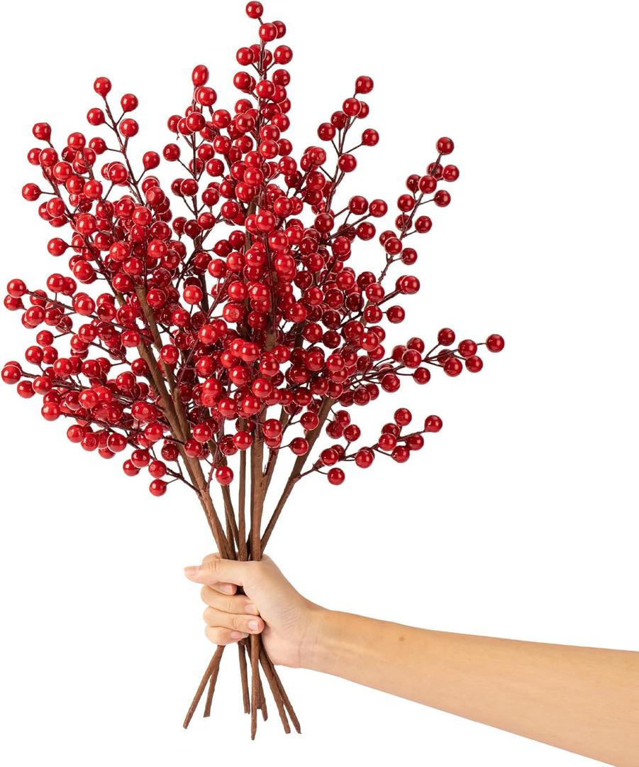 Crafare 12 Pcs 20 Inch Large Artificial Red Berries Stems Waterproof Berry Branches for Xmas Tree Filler Floral Arrangement Winter Holiday Season Decor