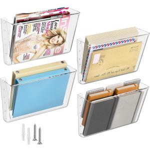 MaxGear Acrylic Wall File Organizer, 4 Pockets Clear Wall Mounted File Holder, Mail Organizer for Home, Office and School, 13x4x7 inches