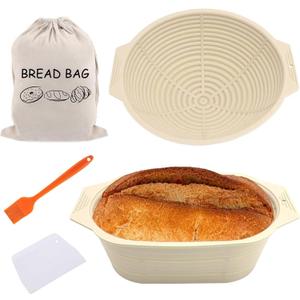 Bread Proofing Basket, 9 inch Round & 10 inch Oval Sourdough Starter Kit, Sourdough Bread Baking Supplies, Silicone Banneton Basket, Bread Making tools with Dough Scraper & Bag & Brush