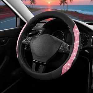 PIC AUTO Steering Wheel Cover, Hot Pink Sparkly Crystal Bling Glitter with Leather, Universal Fit 14.5"-15.5" Car Steering Wheels for Girls & Women, Anti-Slip Wheels Cover for Cars, Trucks, Van, SUVs