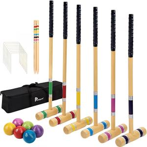 Pointyard 28" Croquet Set for 6 Players - Premium Wooden Mallets, Colored Balls & Carry Bag - Outdoor Games for Adults/Families at Lawn, Beach, Yard Game,Anti-Slip Handle (Natural Wood-with Grip Tape)