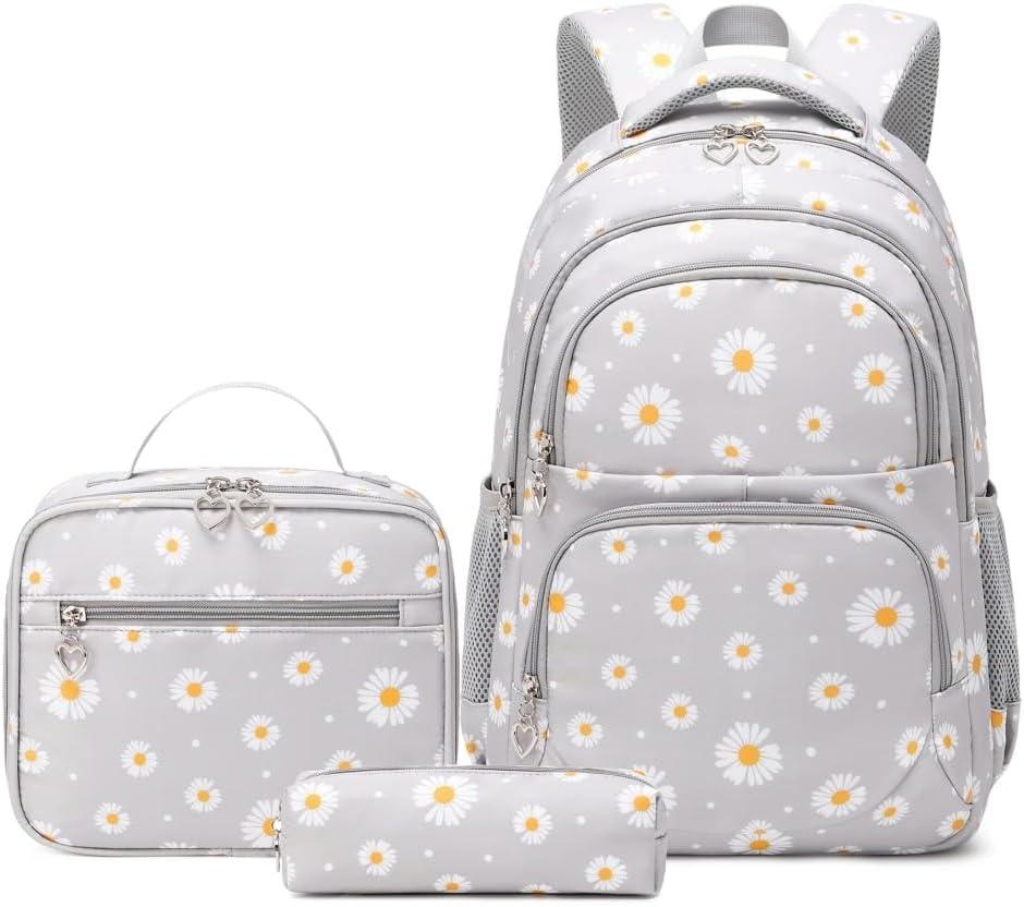 3-in-1 Daisy Laptop Backpack Bag Set, With Lunch Pencil Bag Kits For Teenager Girls, Gradient School Bag For Kids Student (Grey)
