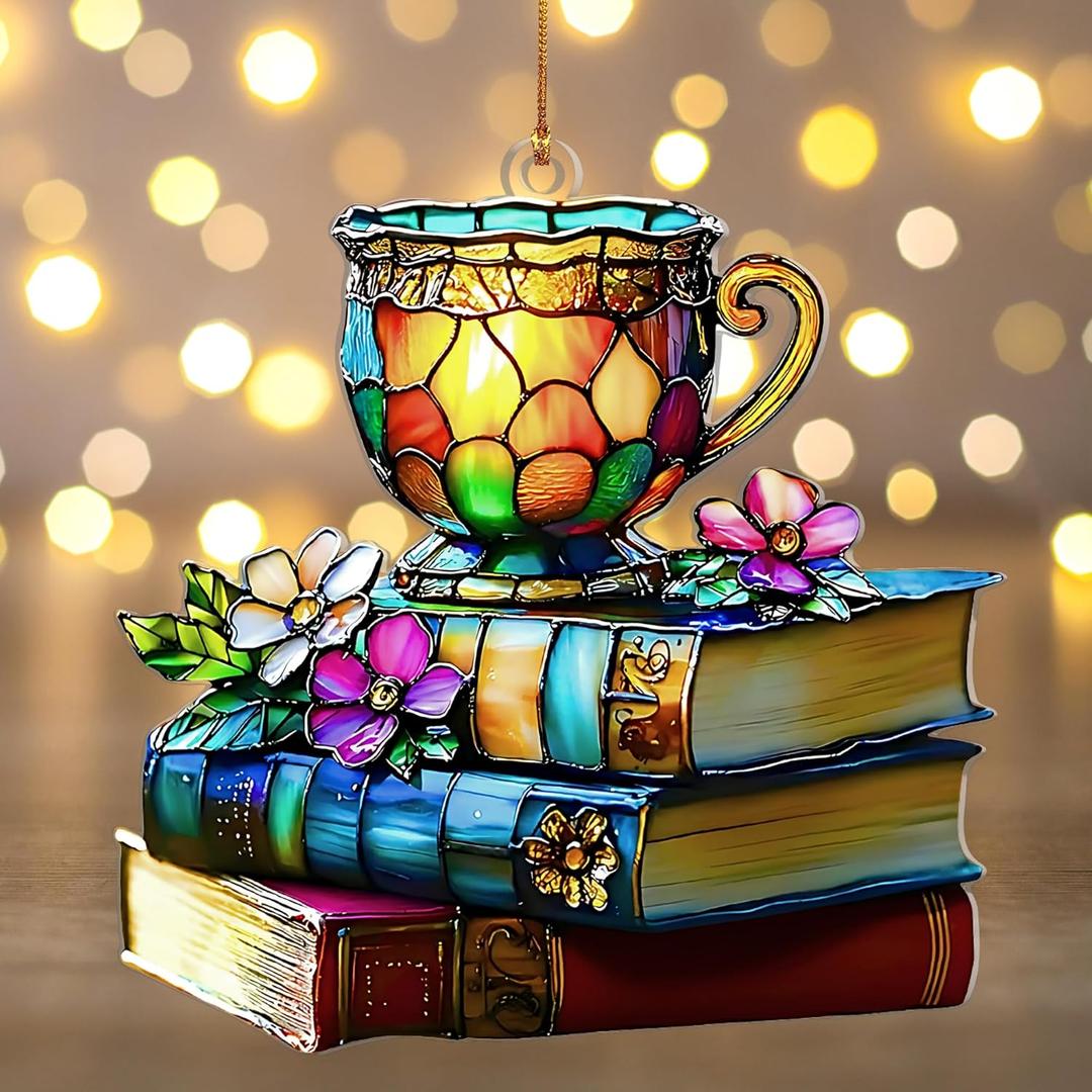 Book Ornament - Books & Tea Acrylic Suncatcher, Flowers & Teacup Window Hanging for Christmas Tree, Gift for Women, Friends, Coworker, Readers, Teachers & Book Lovers 2025 (Teacup)