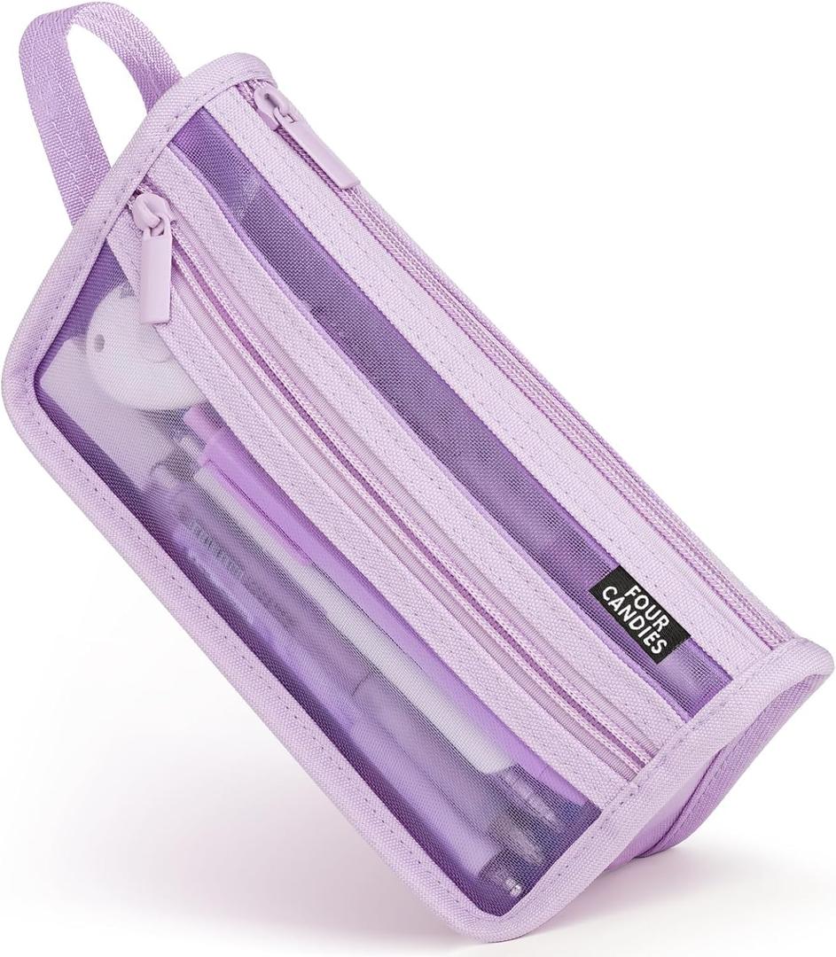 Four Candies Grid Mesh Pencil Case with Handle and Zipper, Clear Double-layer Pencil Pouch Marker Pouch, Travel Makeup Bag, Cute Transparent Stationary Organizer Pen Bag for Adult Office College