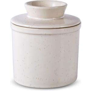 Premium Butter Crock with Lid - Elegant French Butter Keeper for Fresh & Spreadable Butter - Countertop Porcelain Butter Container with Water Seal - Effortless Spreading & Daily Use (Speckled White) (Large)