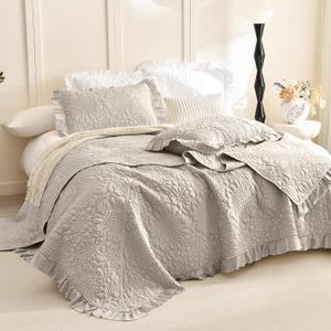 Lady Ann Queen Size Bedspread Set 102 * 118, Linen Feel Stone-Washed Ruffled Quilted Coverlet, 3 Pcs Crinkled Quilt Set Shabby and Chic Blanket Farmhouse Rustic Bedding Set Lightweight