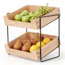 LIBKEN 3-Tier Wooden Fruit Basket – Rubberwood Countertop Produce Storage with Metal Frame – Minimal Scandinavian Design Fruit Stand for Kitchen Counter, Space-Saving Tiered Basket Organizer