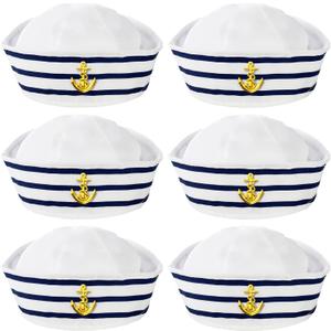 6 Pack Sailor Hat, Blue with White Captain Hats for Men Women, Navy Boat Captain Hat for Yacht Rock Party Attire, Sailor Costume, Dressing Up Party