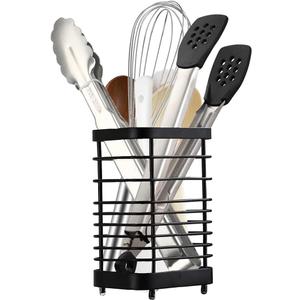 Utensil Holder Kitchen Countertop Organizer, Cutlery Drainer Sink Caddy Storage Drying Rack for Silverware Flatware and Cookware Stainless Steel (Black-L)