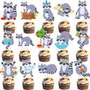 48Pcs Raccoon Theme Cupcake Toppers Woodland Animal Birthday Party Decorations Cartoon Raccoon Cake Topper Decorations for Woodland Theme Baby Shower Forest Animal Party Supplies