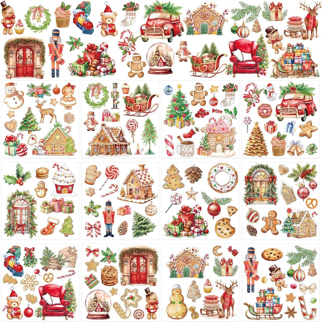 Christmas Rub on Transfers for Crafts - 12 Sheets Gingerbread Rub on Transfers for Furniture Garden, Festival Transfer Sticker Decals, DIY Craft for Wood Window Home Decor