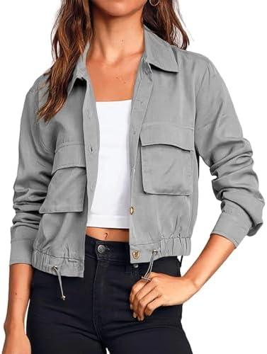 BUNSLOOM Women's Casual Loose Jacket Military Hunting Style Waisted Jacket Oversized Utility Anorak Coat with Pockets, M, Grey