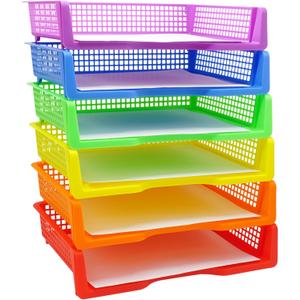 4E's Novelty 6 Colorful Plastic Trays for Teachers, Durable Turn in Trays, Classroom Paper Organizers, Stackable Storage Baskets for Office Desk, Classroom Organization Supplies, 13.3"L x 9.2"W x 3"H
