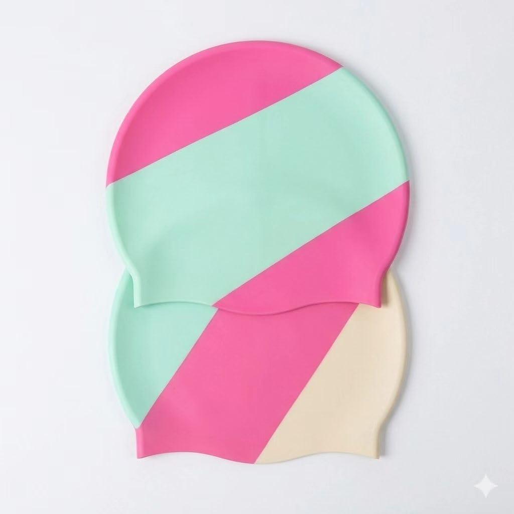 2 Pack Swim Cap Women Adult - Stylish Silicone Swim Cap for Long Hair - Waterproof Swim Caps for Girls Women - Comfortable Fit for Pool, Beach (3-Color 2)