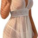 Women's 2 Piece Polka Dots Lace Sheer Mesh V Neck Babydoll Teddy Lingerie Set (White, S)