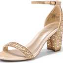 DREAM PAIRS Women's Chunk Low Heel Pump Sandals (6) Gold/Rhinestone